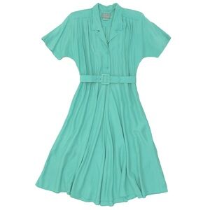Vintage 80s Carol Anderson Light Blue Green Belted Short Batwing Sleeve Dress
